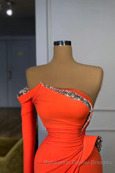 Long sleeves Strapless Orange Sequined Long Semi Formal Prom Dress